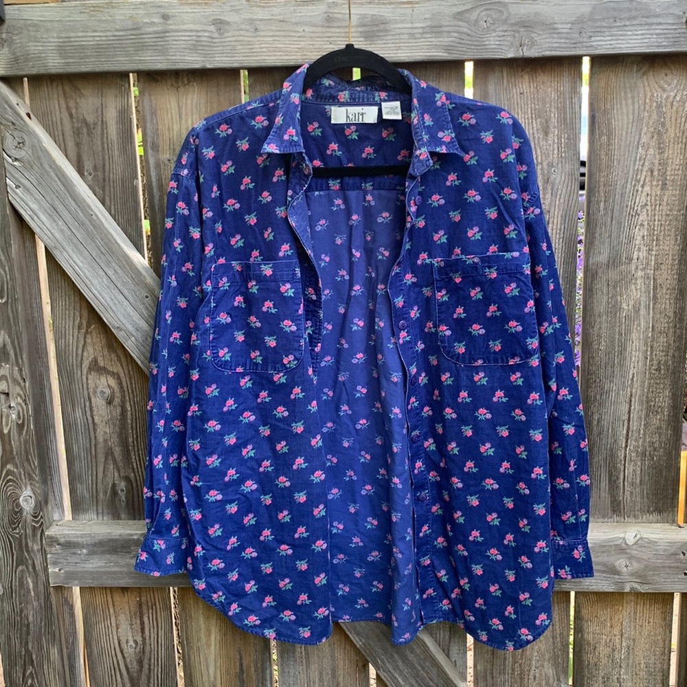 Corduroy long sleeve button down floral top